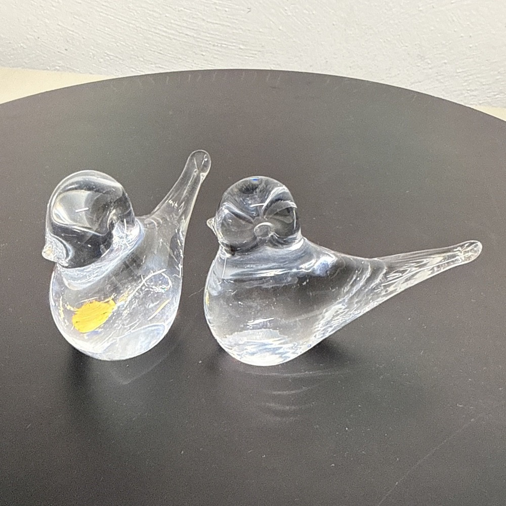 Gotlandshyttan Sweden Glass Birds Pair Vintage Art Glass Figurines Clear
